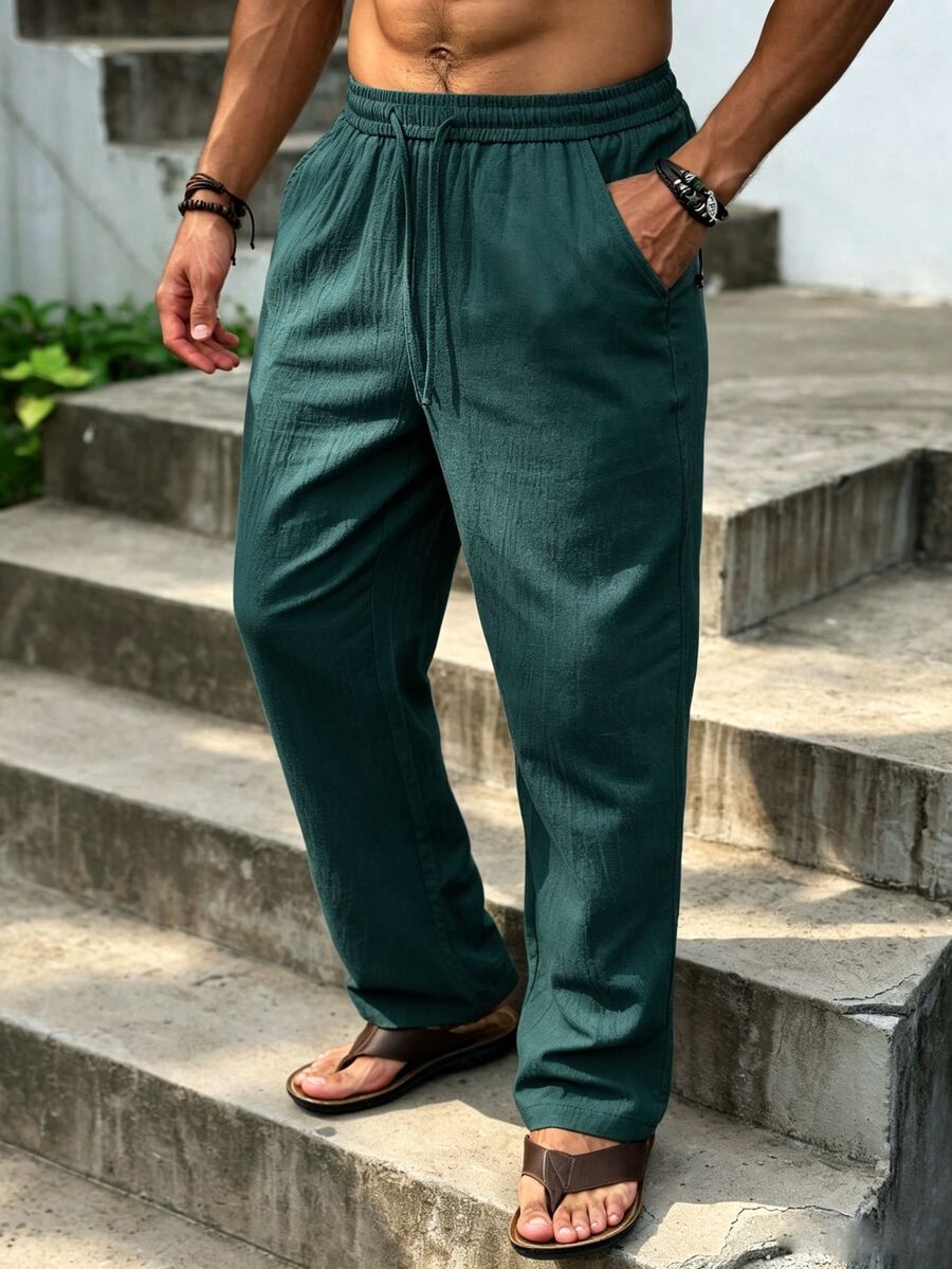 VENTUSAIL Plus Size Men's Solid Color Cotton Drawstring Waist Casual Versatile Daily Wear Pants Vacation, Holiday - Green - View 1