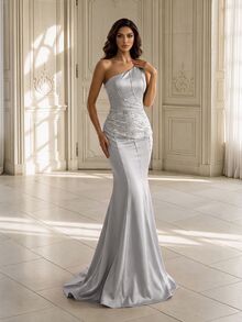 Coutiva Women's Asymmetrical Shoulder Cinched Waist Solid Color Evening Gown - Light Grey - View 1