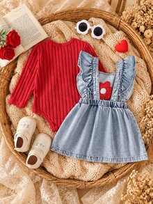 SHEIN Baby Girl Denim Overall Dress And Long Sleeve Red Knit Pullover Jumpsuit 2pcs Set, Little Red Flower Pattern With Ruffle Flutter Sleeves, Versatile Outfit For Autumn Winter Holiday Party Gathering Photo Shoot And Outings - Red - View 2