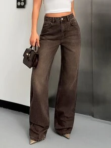 SHEIN Women High Waist Light Wash Wide Leg Casual Jeans Curve - Dark Wash - View 1