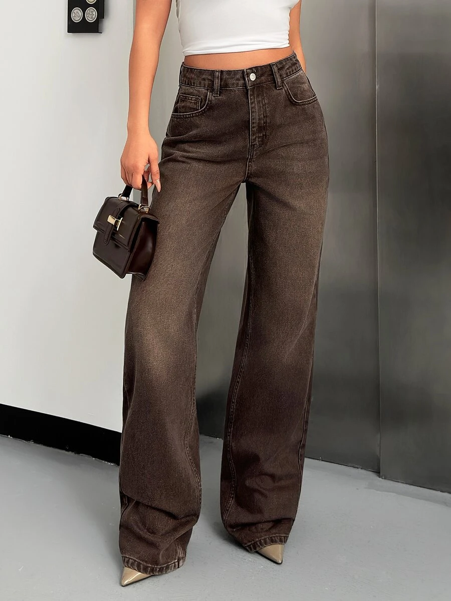 SHEIN Women High Waist Light Wash Wide Leg Casual Jeans Curve - Dark Wash - View 1