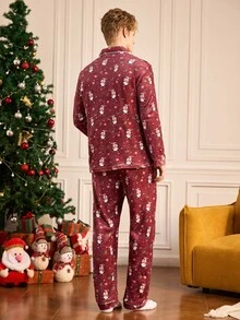 Notgurli Men's Flannel Christmas Penguin All-Over Print Pajama Set, Burgundy Lapel Cardigan Long Sleeve Top And Pants, 2 Pieces Autumn/Winter Loungewear - Burgundy - View 2