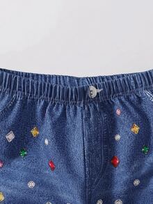 SHEIN 青少年女孩彈性腰休閒日常牛仔效果長褲 - 藍色 - 查看 6