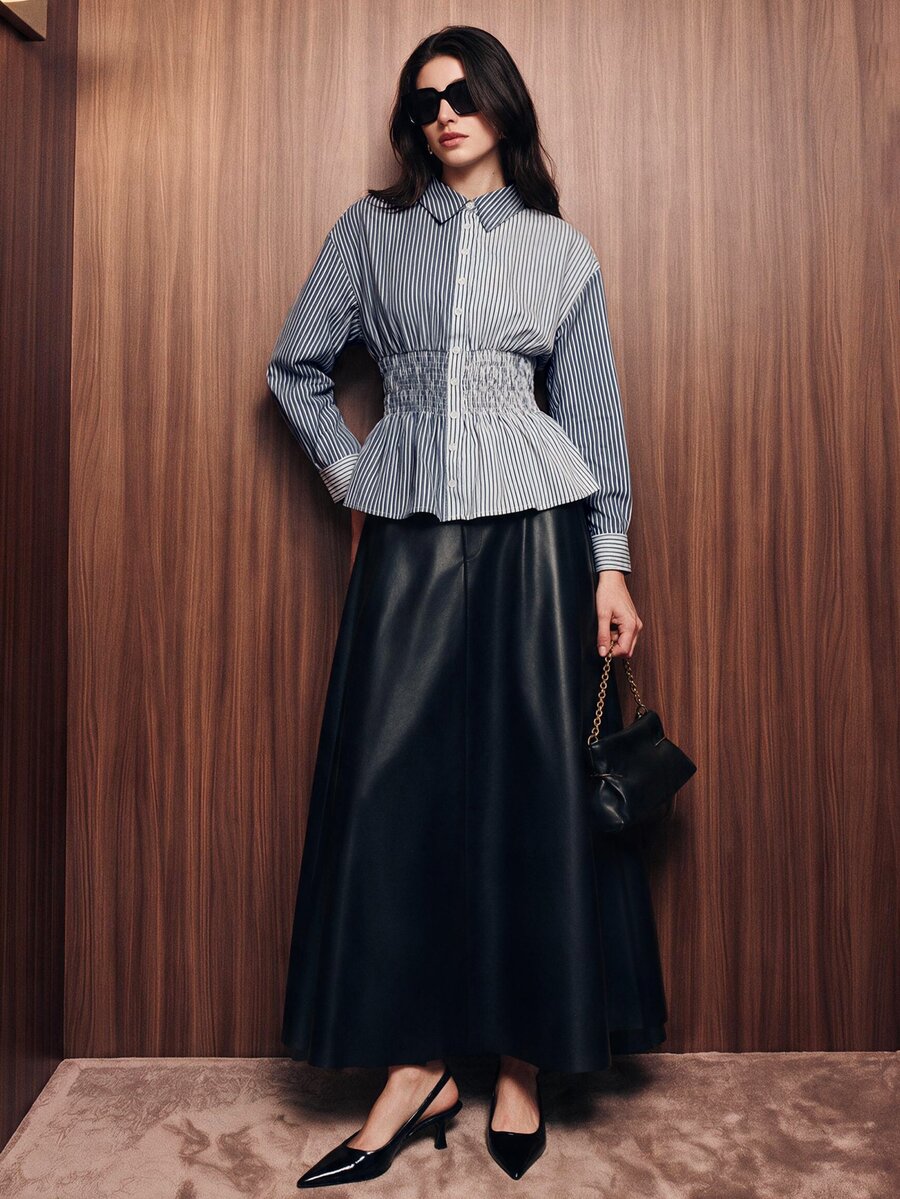Anewsta Fashionable Women's Elegant New Commuter Casual Patchwork Striped Pleated Button-Down Shirt - Blue - View 1
