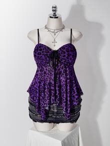 SHEIN ICON 女款大尺碼復古性感休閒千禧風 Y2K 龐克時尚個性玫瑰紅豹紋不對稱下擺抽褶綁帶背心 - 紫色 - 查看 3