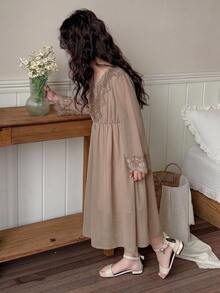 Dazy Kids Tween Girl V-Neck Lace Patchwork Bell Sleeve Cinched Waist Long Dress Loungewear - Khaki - View 4