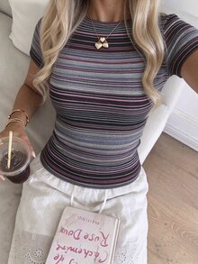SHEIN EZwear 女款圓領條紋修身短袖時尚百搭T恤 - 彩色 - 查看 6