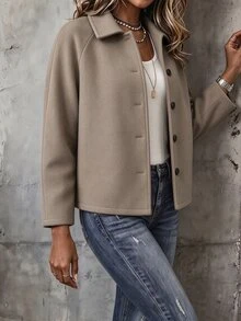Zayélia Women's Solid Color Raglan Long Sleeve Single-Breasted Casual Overcoat, Autumn/Winter Office Everyday Going Out Work Olive Green - Khaki - View 5