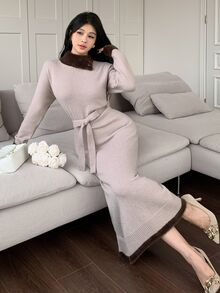 Feyla Women's Colorblock Patchwork Elegant Slim Fit Sweater Dress - Camel - View 4
