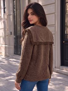 Cévolie Women's Solid Color V-Neck Lace Patchwork Shawl Design Loose Long Sleeve Sweatshirt - Brown - View 2