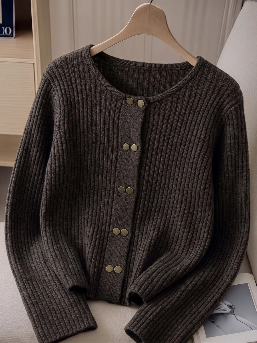 GlowEve CURVE Plus Size Women's Double-Breasted Round Neck Long Sleeve Grey Versatile Autumn/Winter Cardigan Office Casual Elegant - Coffee Brown - View 1