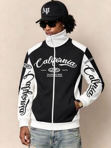 Aesthetic Post Men's Polyester Zip-Up Track Jacket With Stand Collar, California Letter Graphic And Color Block Design For Streetwear - Multicolor - View 5