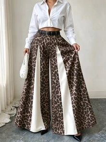 Elenzga Personalized Leopard Print Colorblock Wide Leg Long Pants High Waist Design Contrast Patchwork Flared Hem Slimming Flowy Casual Pants - Multicolor - View 2