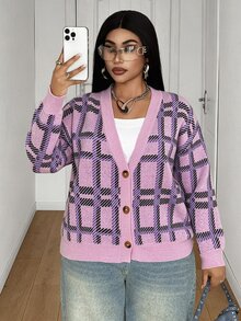 Maweii Plus Size Women's Sweater Cardigan, Pink, Coat, Deep V-Neck, Sexy, Autumn/Winter, Christmas - Multicolor - View 3