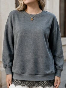 Seusyu Damers ny långärmad sweatshirttopp i plus size med spetspatchwork, lös passform, bekväm och mångsidig för vardagsbruk, höst/vinter - Grå - Visa 3