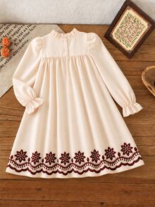 SHEIN Tween Girls' Brown Gentle Style Minimalist Floral Print Long Sleeve Pullover Dress, Loose Fit, - Apricot - View 2