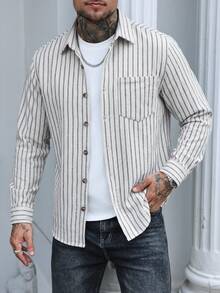 Manfinity Homme Plus Size Men's Striped Casual Daily Overcoat - White - View 1