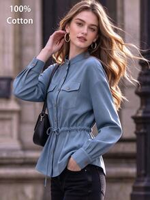 Cévolie French Commuter Style Stand Collar Double Pocket Shirt Women Drawstring Waist Loose Long Sleeve - Blue - View 1