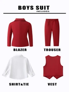 6pcs Baby Boy Formal Elegant Smart Suit Set, Includes Light Color All Red Or All White Long Sleeve Shirt, Tie, Bow Tie, Vest, Jacket And Pants, Suitable For Wedding - Burgundy - View 2