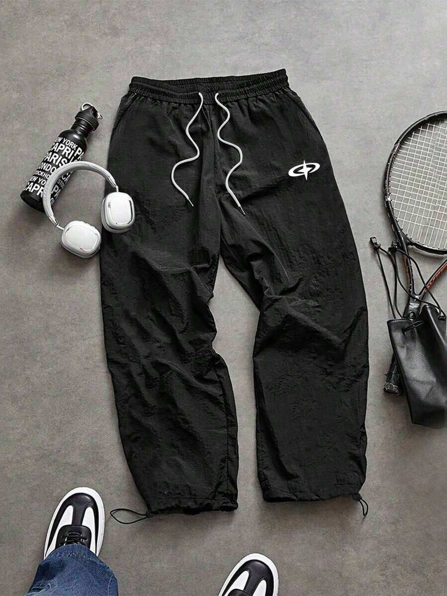 Sport MetroGents 男士純色抽繩彈性腰時尚休閒運動長褲 - 黑色 - 查看 1