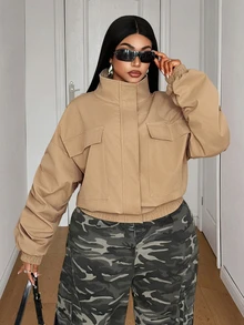 Maweii Plus Size American Style Short Khaki Casual Streetwear Utility Jacket - Khaki - View 4