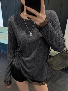 DAZY 女款 2 合 1 蕾絲拼接長袖寬鬆長版 T 恤，春秋服飾 - 黑色 - 查看 3