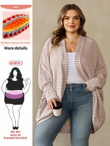 SHEIN CURVE+ Plus Size Women Casual Loose Striped Knit Cardigan Jacket - Apricot - View 1