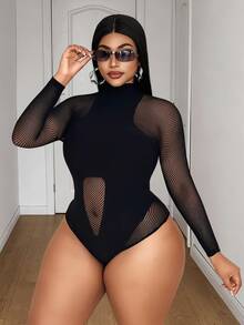 Maweii Women's Plus Size Sexy Fishnet Solid Color Bodysuit - Black - View 4