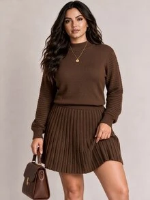 Nubod Plus Size High Neck Lantern Sleeve Ribbed Long Sleeve Sweater & Vertical Stripe Skirt 2 Pieces Set, Autumn/Winter - Brown - View 13