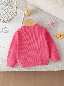 SHEIN 1件女嬰毛衣，粉色與白色，秋季，可愛，家庭套裝，圓領刺繡字母與3D花朵裝飾，柔軟長袖針織套頭衫 - 粉色 - 查看 2