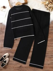 SHEIN 2件組女款針織套裝，極簡百搭圓領黑白對比提花條紋寬鬆落肩長袖白色滾邊套頭毛衣，搭配同款直筒寬腿針織長褲，復古休閒慵懶風，適中厚度，下擺整齊，柔軟親膚，可分開穿著，適合日常穿著、上學、購物、聚會、戶外活動，秋冬款 - 黑色 - 查看 2