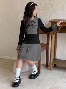 Dazy Kids Tween Girl Lapel Striped Bell Sleeve Long Sleeve Autumn Short Dress With Color Block Patchwork Design - Black - View 3