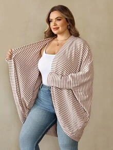 SHEIN CURVE+ Plus Size Women Casual Loose Striped Knit Cardigan Jacket - Apricot - View 8
