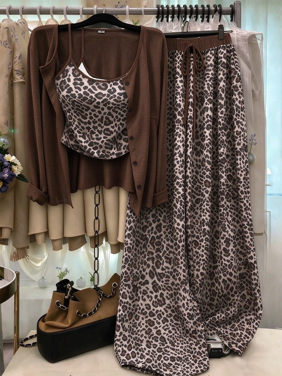 Selianne Women's Leopard Print Camisole, Cardigan And Long Pants Casual Set - Coffee Brown - View 1