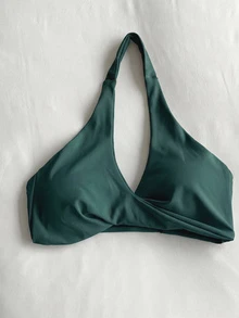 DAZY 1pc Solid Color Halter Twist Front Gather Yoga Sports Bra For Women Lingerie For Women - Dark Green - View 9