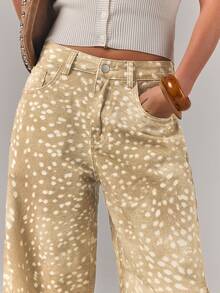 Athîral Denim Women's Casual Versatile All-Over Print Button Pocket Denim Long Pants For Daily Outings - Beige - View 4
