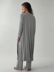 DAZY Women's 3-Piece Loungewear Set Long Sleeve Cardigan, Camisole Top And Casual Pants Pajama - Grey - View 2