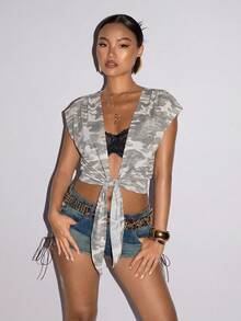 SHEIN ICON 女款休閒性感前開襟綁帶無袖上衣，迷彩印花 - 彩色 - 查看 5