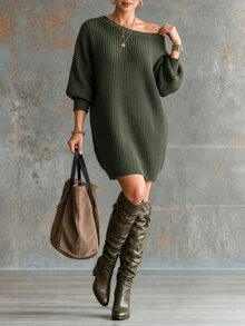 Linhara CURVE Plus Size Women Solid Color Asymmetrical Shoulder Casual Everyday Knit Dress Winter - Green - View 1
