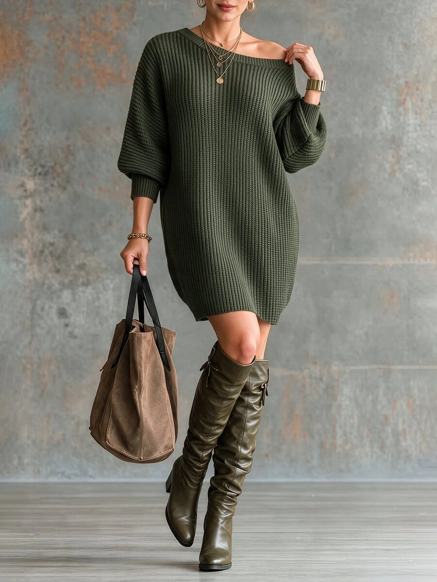 Linhara CURVE Plus Size Women Solid Color Asymmetrical Shoulder Casual Everyday Knit Dress Winter - Green - View 1