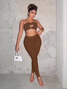 SHEIN SXY Women's Solid Color Casual Versatile Daily Wear Tight Leggings - Brown - View 5