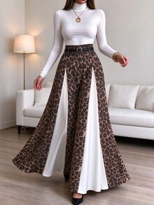 Elenzga Personalized Leopard Print Colorblock Wide Leg Long Pants High Waist Design Contrast Patchwork Flared Hem Slimming Flowy Casual Pants - Multicolor - View 3