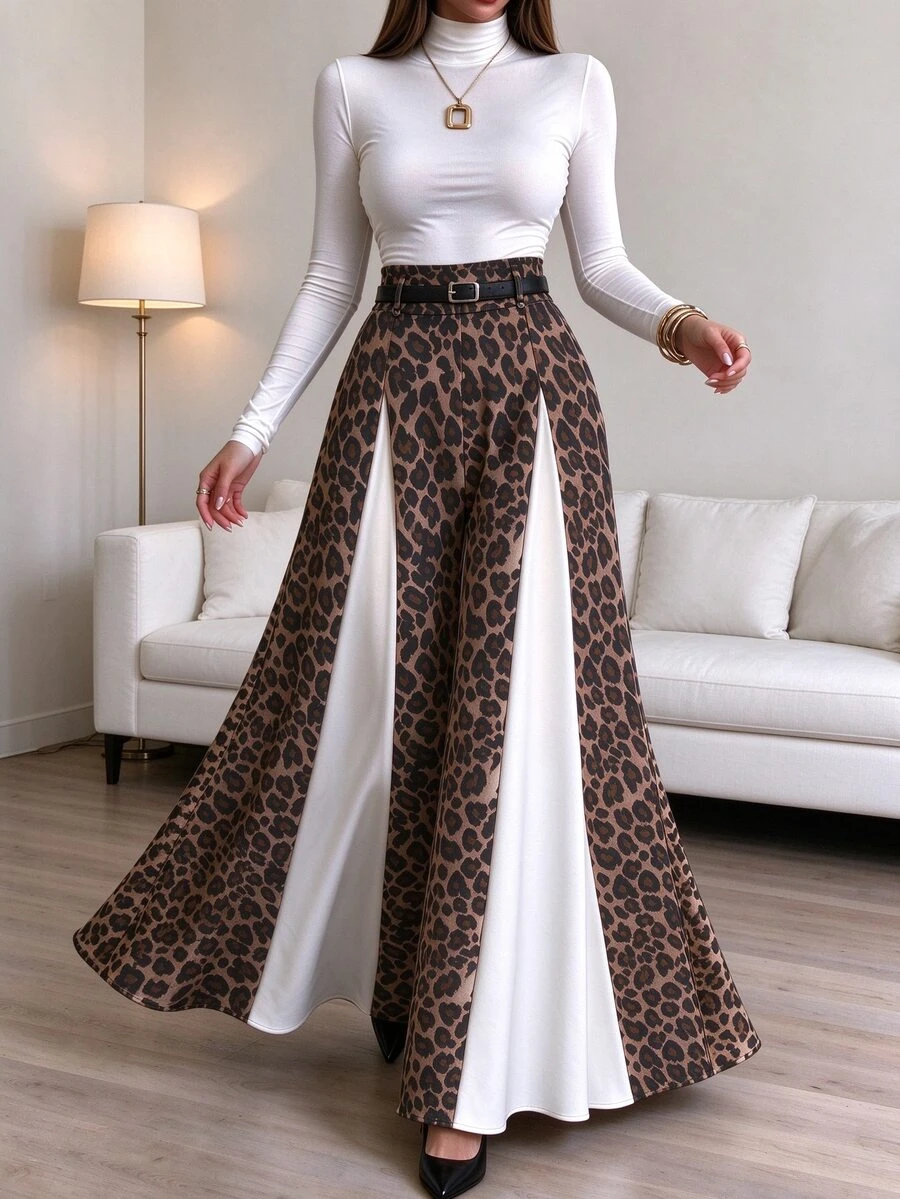 Elenzga Personalized Leopard Print Colorblock Wide Leg Long Pants High Waist Design Contrast Patchwork Flared Hem Slimming Flowy Casual Pants - Multicolor - View 1
