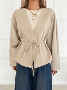 SHEIN EZwear Women's Minimalist Long Sleeve Overcoat, Versatile For Daily Wear - Light Grey - View 5