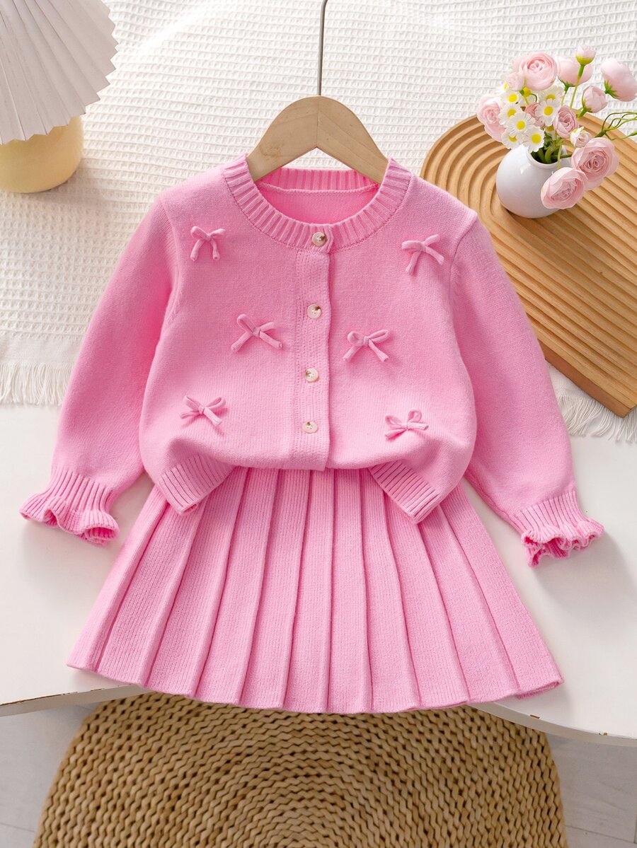 4-7 Years Old Girls Bowknot Decor Single-Breasted Knit Cardigan With Ruffle Cuffs And Pleated Skirt 2 Pieces Set, Sweet Spring/Autumn Sweater Outfit - Pink - View 1