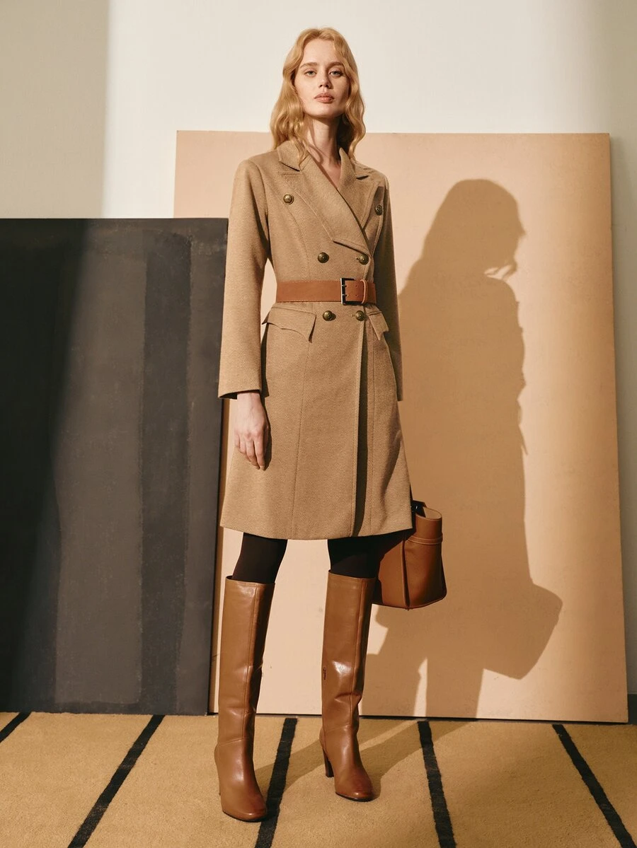 MOTF PREMIUM WOMEN'S LONG SLEEVE DOUBLE-BREASTED LAPEL ELEGANT COAT, AUTUMN/WINTER - Khaki - View 1