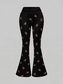 ROMWE J-Fashion 可愛鹿圖案刺繡蕾絲上衣搭配鹿圖案喇叭褲，秋冬款 - 黑色 - 查看 7