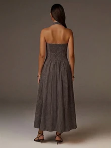 Athîral Women's Casual Shirred Halter Striped Brown Back Shirred Elastic A-Line Long Dress, Suitable For All Seasons Daily Wear, Dating And Gatherings - Mocha Brown - View 3
