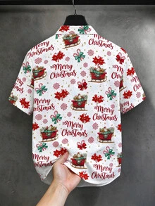 Manfinity Homme Men's Plus Size Christmas Snowflake & Bow Print Single-Breasted Short Sleeve Shirt - Multicolor - View 3