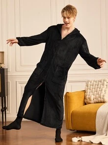 Provexi Provexi Men's Flannel Hooded Robe, Long Zip-Up Loose Fit Loungewear Pajama Jacket, Autumn/Winter - Black - View 5